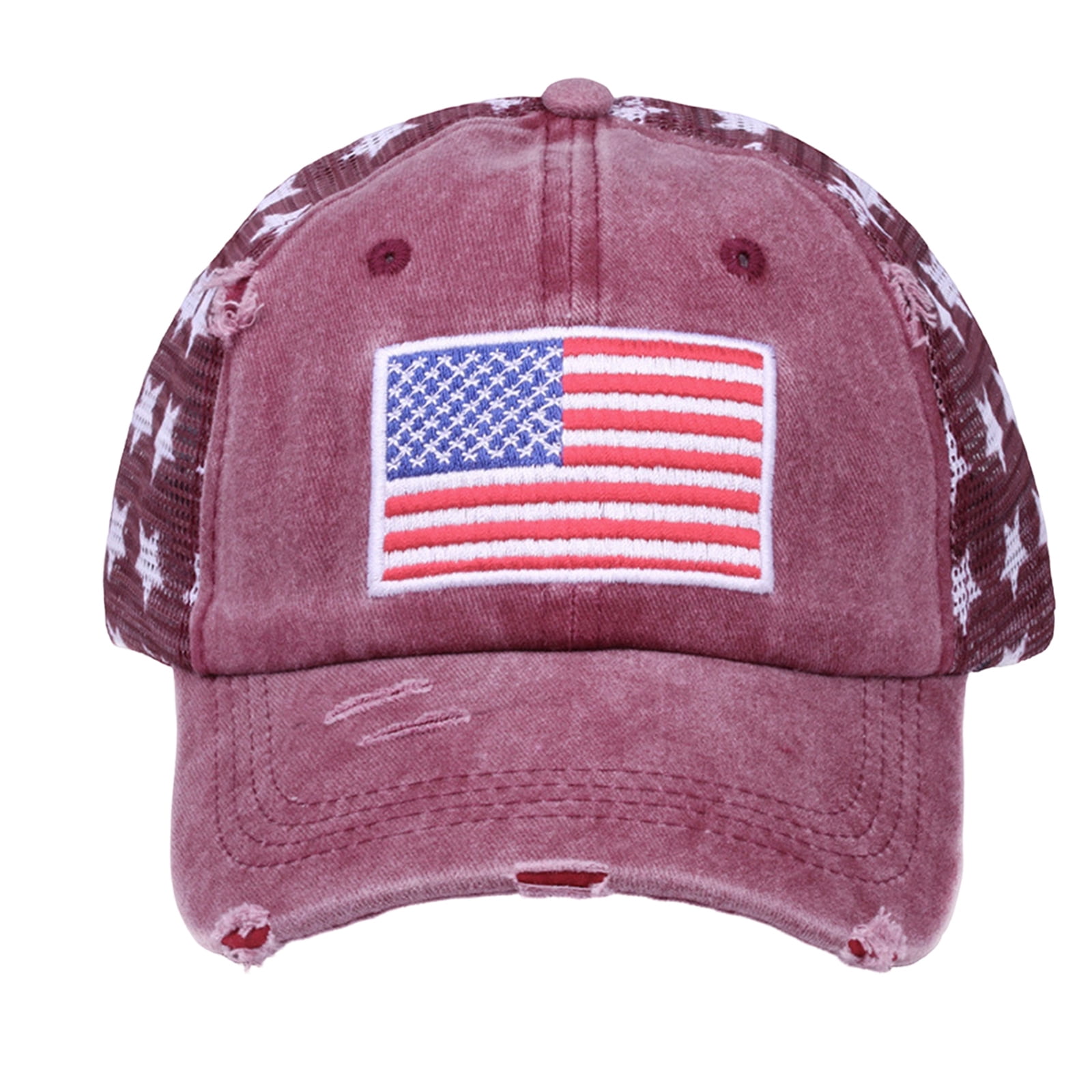 Outdoor American Flag, Black Iron on Patch, 28 in Vintage Washed Sun Hat, Fourth of July Accessories, Maroon, Distressed Finish, 1 Pc