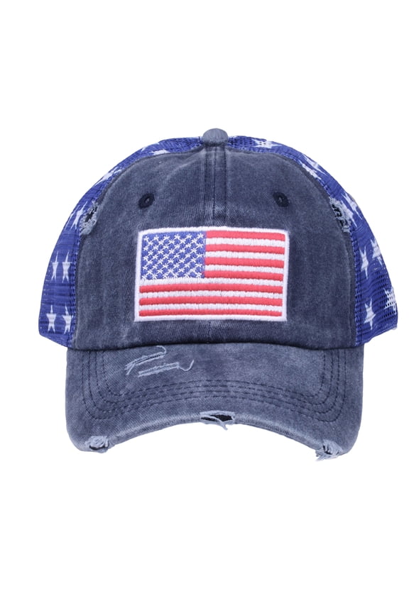 Outdoor American Flag, Black Mesh Fabric, Black Iron on Patch, Fourth of July Accessories, Vintage Washed Sun Visor Cap, Unisex Sizing, Navy Blue, 1 Pc
