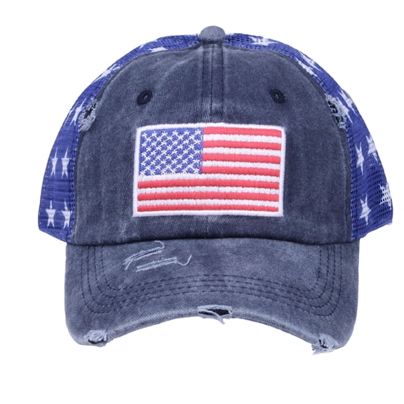 Outdoor American Flag, Custom Embroidered Patch, Fourth of July decorations, Black Mesh Fabric, Adjustable Distressed Cap, Unisex Holiday Wear, Star Print Sides, 1 Pc
