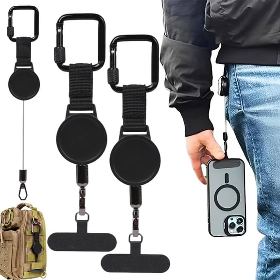 Outdoor Anti-Theft Retractable Phone Lanyard with 360° Metal Tether Tab, Retractable Steel Line & Locking Carabiner