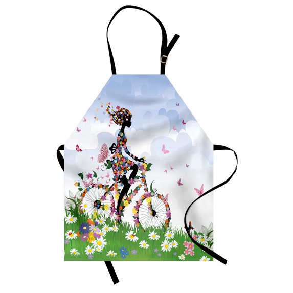Outdoor Apron Woman Riding Vintage Romantic Bike with Spring Time Flowers in Basket Nature Image, Unisex Kitchen Bib Apron with Adjustable Neck for Cooking Baking Gardening, Multicolor, by Ambesonne