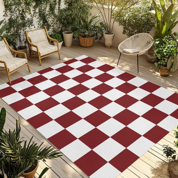 Outdoor Area Rug,3x5ft Large Outside Rugs Red White Square Tiles Indoor ...