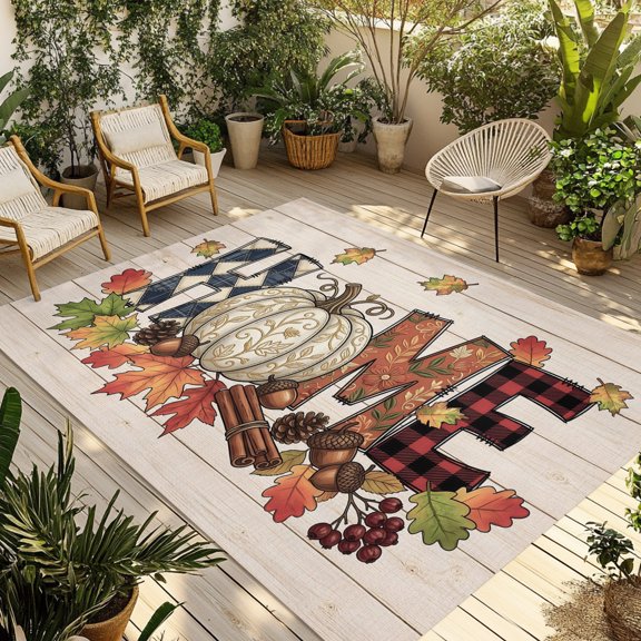 Outdoor Area Rug,4x6ft Large Outside Rugs Abstract Home Text Wood Plank Indoor Floor Mat Washable Camping Rug Carpet for Patio Backyard Porch Living Room Farmhouse Fall Maple Leaf Pinecone