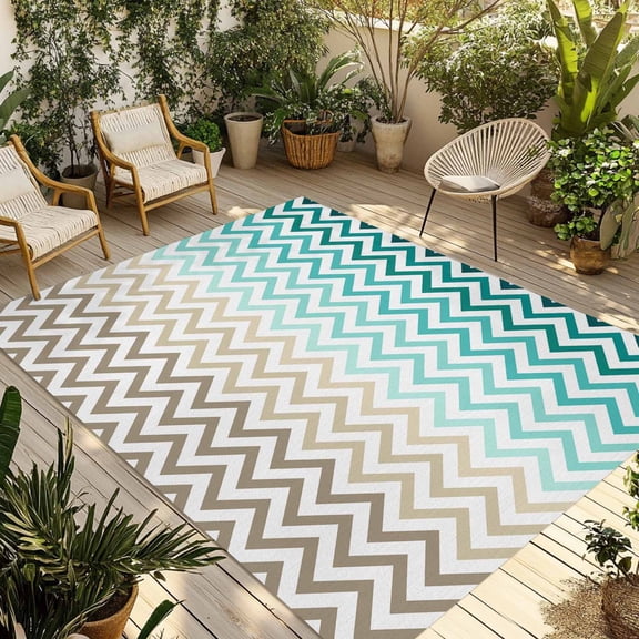 Outdoor Area Rug,4x6ft Large Outside Rugs Abstract Ombre Herringbone Texture Indoor Floor Mat Washable Camping Rug Carpet for Patio Backyard Porch Living Room Green Teal Khaki Gradient