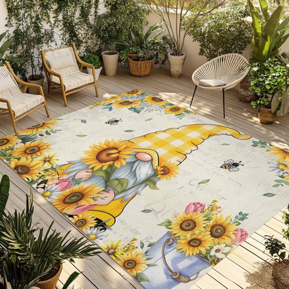 Outdoor Area Rug,4x6ft Large Outside Rugs Bee Gnome Summer Sunflower Watercolor Yellow Floral Indoor Floor Mat Washable Camping Rug Carpet for Patio Backyard Porch Living Room Retro Linen