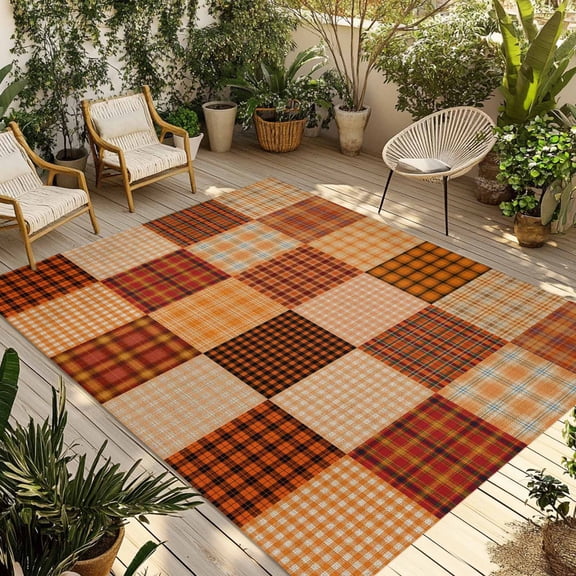 Outdoor Area Rug,4x6ft Large Outside Rugs Fall Orange Plaid Gingham Check Indoor Floor Mat Washable Camping Rug Carpet for Patio Backyard Porch Living Room Farm Tartan