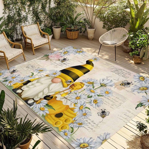 Outdoor Area Rug,4x6ft Large Outside Rugs Farm Bee Gnome Daisy Flower Indoor Floor Mat Washable Camping Rug Carpet for Patio Backyard Porch Living Room Vintage Letter