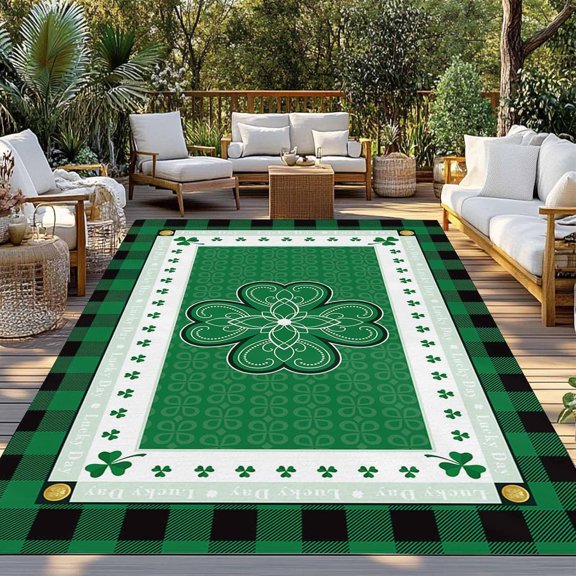 Outdoor Area Rug 4x6ft Washable Carpets,St. Patrick''s Day Celtic Knots Lucky Shamrock Large Patio Rugs Outside Pads for Deck Balcony Backyard Camping Buffalo Plaid