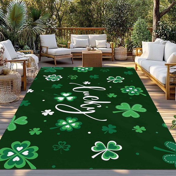 Outdoor Area Rug 4x6ft Washable Carpets,St. Patrick''s Day Lucky Words Large Patio Rugs Outside Pads for Deck Balcony Backyard Camping Tri-Leaf Grass
