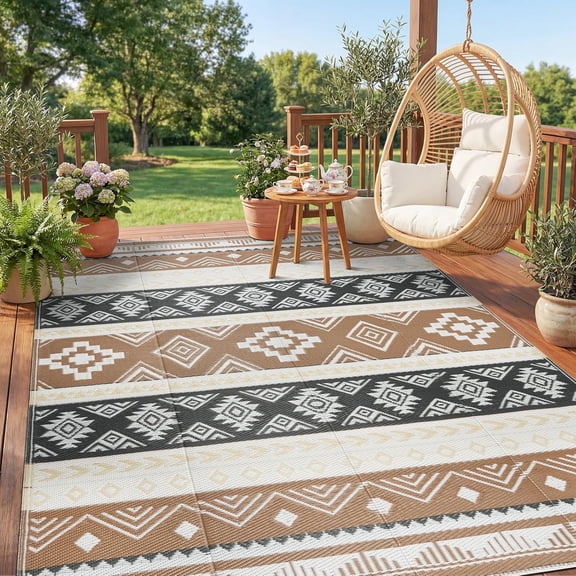 Outdoor Area Rug 6x9 Waterproof Patio Reverisble Plastic Straw Mat, Portable RV Mat Carpet for Deck, Camper, Porch, Balcony, Backyard, Picnic, Brown