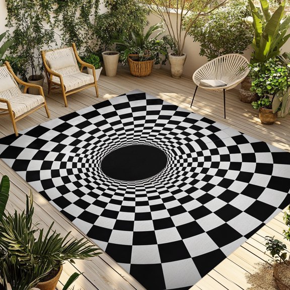 Outdoor Area Rug for Patio, 3D Vortex Tunnel Camping Rugs Indoor Large Floor Mat 4x6ft, Black White Optical Illusion Background Outside Carpet for Deck RV Picnic Porch Backyard Bedroom Living Room