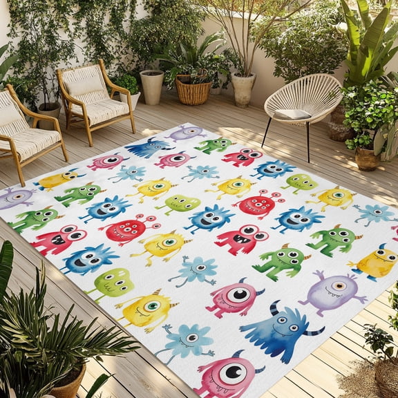 Outdoor Area Rug for Patio, Abstract Cartoon Monsters Camping Rugs Indoor Large Floor Mat 4x6ft, Seamless Colorful Cute Alien Outside Carpet for Deck RV Picnic Porch Backyard Bedroom Living Room