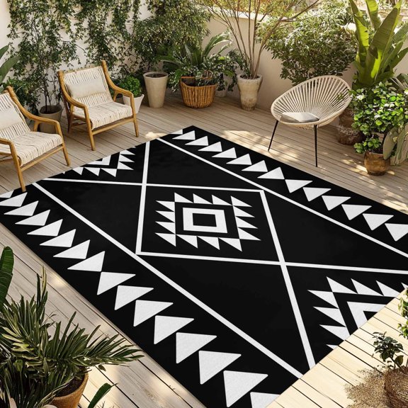 Outdoor Area Rug for Patio, Abstract Ethnic Geometric Art Camping Rugs Indoor Large Floor Mat 4x6ft, Black White Tribal Triangle Outside Carpet for Deck RV Picnic Porch Backyard Bedroom Living Room
