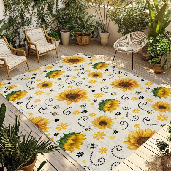 Outdoor Area Rug for Patio, Abstract Farmhouses Sunflowers Bees Camping Rugs Indoor Large Floor Mat 3x5ft, Country Yellow Floral Outside Carpet for Deck RV Picnic Porch Backyard Bedroom Living Room