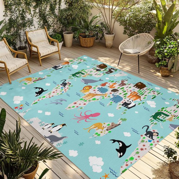 Outdoor Area Rug for Patio, Abstract Map Cartoon Animals Camping Rugs Indoor Large Floor Mat 3x5ft, Blue Ocean Cloud Palm Tree Outside Carpet for Deck RV Picnic Porch Backyard Bedroom Living Room