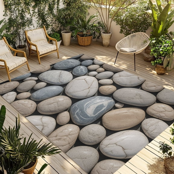 Outdoor Area Rug for Patio, Abstract Natural Grey Cobblestone Camping Rugs Indoor Large Floor Mat 3x5ft, Modern Grey Pebble Stone Outside Carpet for Deck RV Picnic Porch Backyard Bedroom Living Room
