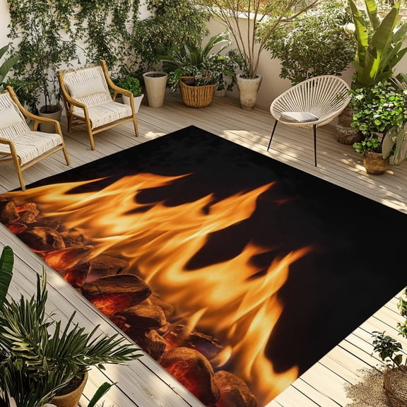 Outdoor Area Rug for Patio, Abstract Orange Flame on Black Camping Rugs Indoor Large Floor Mat 4x6ft, Flickering Fire Pattern Outside Carpet for Deck RV Picnic Porch Backyard Bedroom Living Room