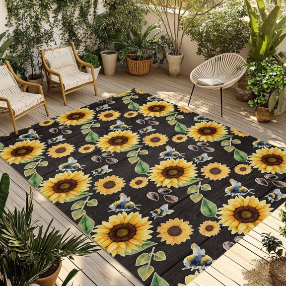 Outdoor Area Rug for Patio, Abstract Spring Sunflowers Camping Rugs Indoor Large Floor Mat 3x5ft, Farm Bees Floral Outside Carpet for Deck RV Picnic Porch Backyard Bedroom Living Room