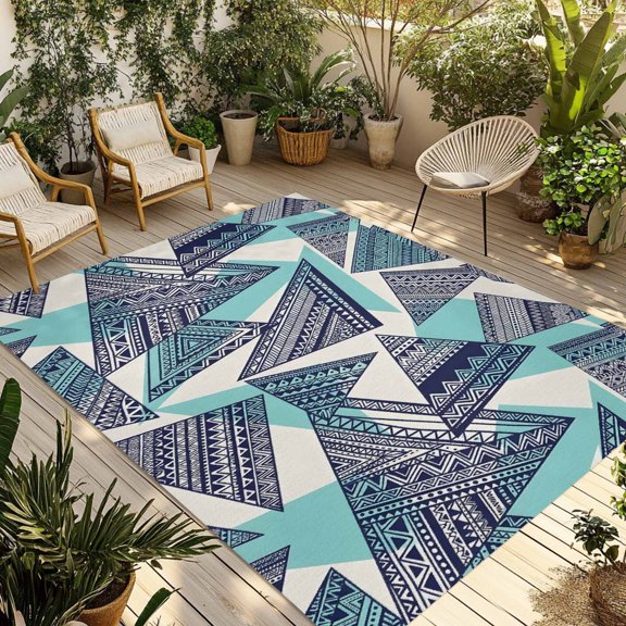 Outdoor Area Rug for Patio, Abstract Tribal Triangle Pattern Camping Rugs Indoor Large Floor Mat 4x6ft, Rustic Geometric Art Outside Carpet for Deck RV Picnic Porch Backyard Bedroom Living Room
