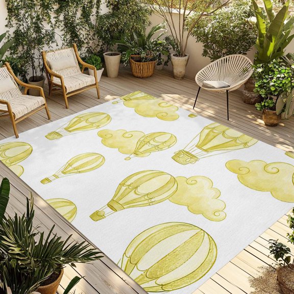 Outdoor Area Rug for Patio, Abstract Yellow Hot Balloons Clouds Camping Rugs Indoor Large Floor Mat 4x6ft, Cartoon Sky Outside Carpet for Deck RV Picnic Porch Backyard Bedroom Living Room