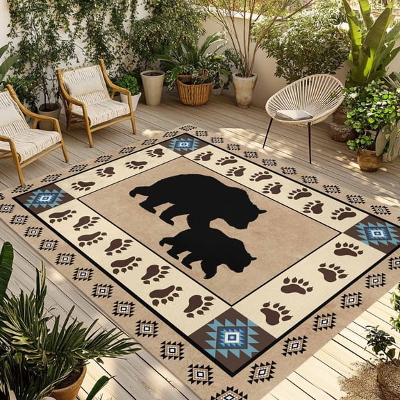 Outdoor Area Rug for Patio, Autumn Black Bear Footprints Camping Rugs Indoor Large Floor Mat 3x5ft, Geometric Boho Artwork Outside Carpet for Deck RV Picnic Porch Backyard Bedroom Living Room