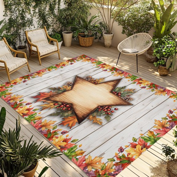 Outdoor Area Rug for Patio, Autumn Maple Leaf on Wood Grain Camping Rugs Indoor Large Floor Mat 4x6ft, Pine Cones Leaves Outside Carpet for Deck RV Picnic Porch Backyard Bedroom Living Room