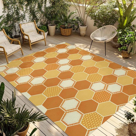 Outdoor Area Rug for Patio, Autumn Orange Grid Hexagon Camping Rugs Indoor Large Floor Mat 3x5ft, Color Block Outside Carpet for Deck RV Picnic Porch Backyard Bedroom Living Room