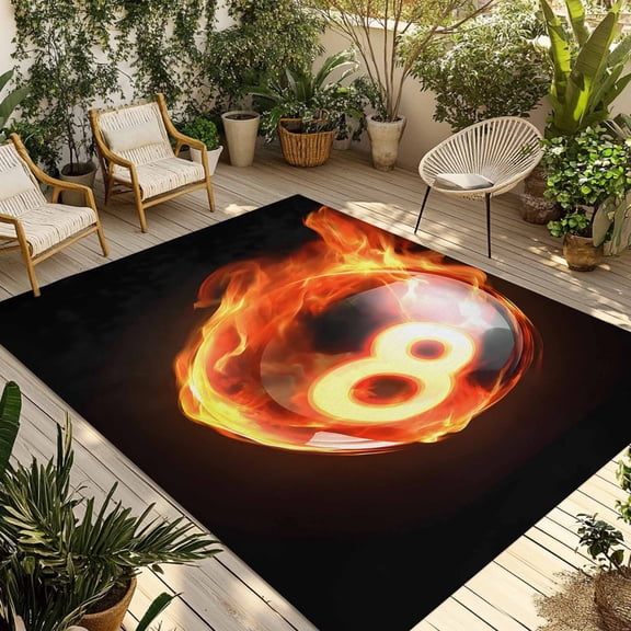 Outdoor Area Rug for Patio, Billiards Flame Black Eight Camping Rugs Indoor Large Floor Mat 4x6ft, Abstract Sport Ball Outside Carpet for Deck RV Picnic Porch Backyard Bedroom Living Room