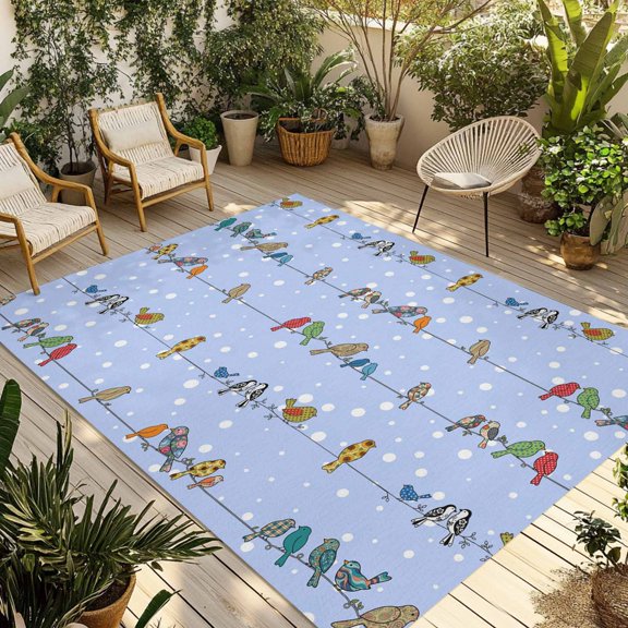 Outdoor Area Rug for Patio, Birds Sparrows on Cables Camping Rugs Indoor Large Floor Mat 4x6ft, White Snow Points Outside Carpet for Deck RV Picnic Porch Backyard Bedroom Living Room