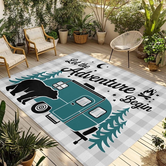 Outdoor Area Rug for Patio, Black Bear Green Tree CV Adventure Camping Rugs Indoor Large Floor Mat 4x6ft, Grey Plaid Outside Carpet for Deck RV Picnic Porch Backyard Bedroom Living Room