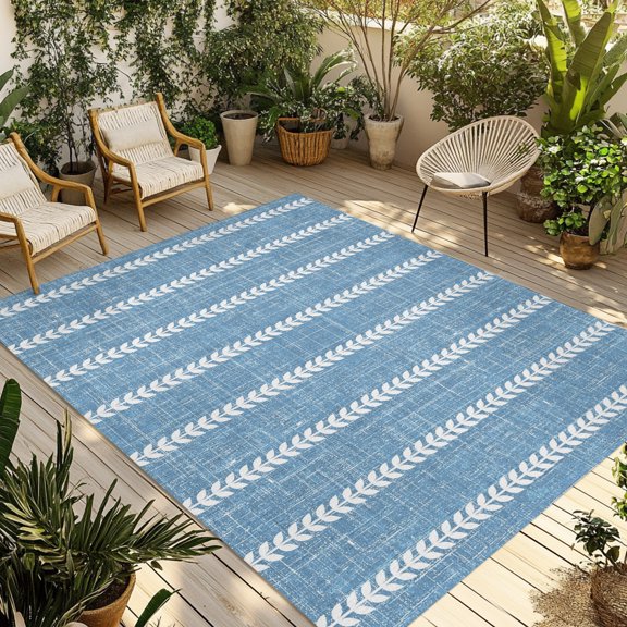 Outdoor Area Rug for Patio, Blue Boho Stripe Light Linen Camping Rugs Indoor Large Floor Mat 4x6ft, Retro Nordic Lines Outside Carpet for Deck RV Picnic Porch Backyard Bedroom Living Room