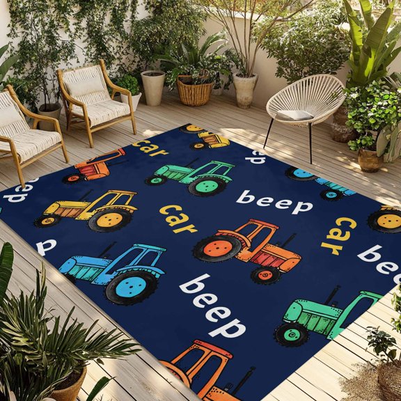 Outdoor Area Rug for Patio, Cartoon Car Blue Green Yellow Camping Rugs Indoor Large Floor Mat 4x6ft, Cute Truck Excavator Tractor Outside Carpet for Deck RV Picnic Porch Backyard Bedroom Living Room