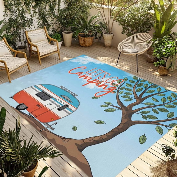 Outdoor Area Rug for Patio, Cartoon Caravan Summer Forest Camping Rugs Indoor Large Floor Mat 4x6ft, Let's Go Camping Quote Outside Carpet for Deck RV Picnic Porch Backyard Bedroom Living Room