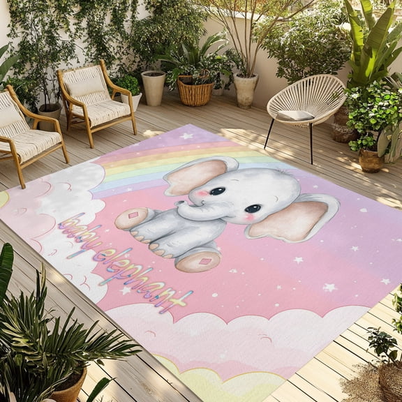 Outdoor Area Rug for Patio, Cartoon Cute Baby Elephants Camping Rugs Indoor Large Floor Mat 4x6ft, Watercolor Rainbow Clouds Outside Carpet for Deck RV Picnic Porch Backyard Bedroom Living Room