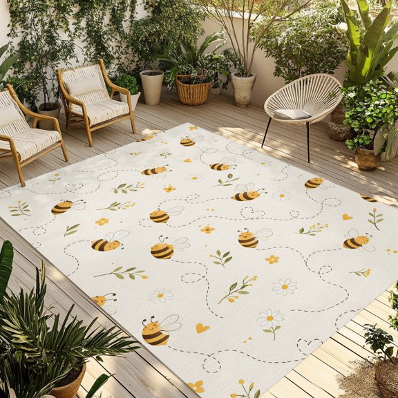 Outdoor Area Rug for Patio, Cartoon Farm Bees Pattern Camping Rugs Indoor Large Floor Mat 3x5ft, Minimalist Country Flowers Outside Carpet for Deck RV Picnic Porch Backyard Bedroom Living Room