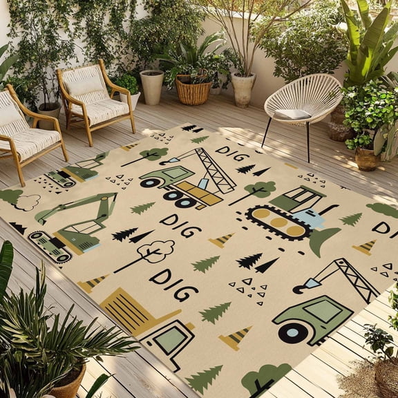 Outdoor Area Rug for Patio, Cartoon Tractor Brown Digger Shovel Camping Rugs Indoor Large Floor Mat 4x6ft, Cute Truck Car Themed Outside Carpet for Deck RV Picnic Porch Backyard Bedroom Living Room