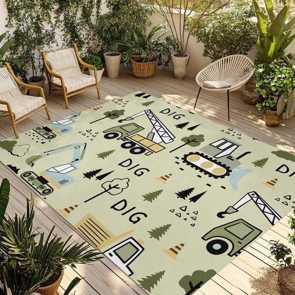 Outdoor Area Rug for Patio, Cartoon Tractor Green Digger Shovel Camping Rugs Indoor Large Floor Mat 4x6ft, Cute Truck Car Themed Outside Carpet for Deck RV Picnic Porch Backyard Bedroom Living Room