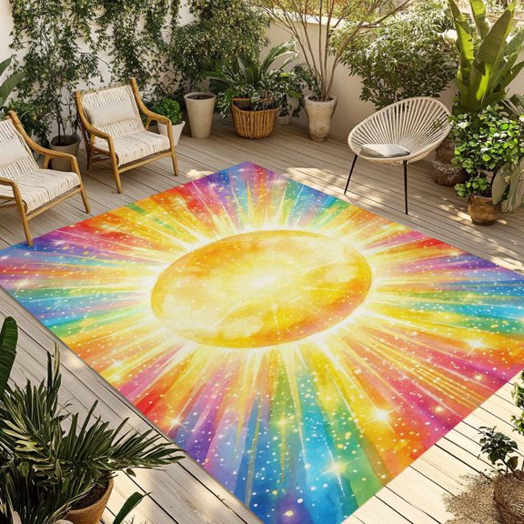 Outdoor Area Rug for Patio, Cartoon Watercolor Sun Colorful Camping Rugs Indoor Large Floor Mat 3x5ft, Happy Children's Day Outside Carpet for Deck RV Picnic Porch Backyard Bedroom Living Room