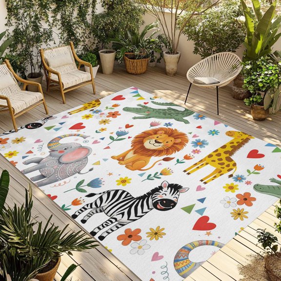 Outdoor Area Rug for Patio, Children's Day Lion Elephant Camping Rugs Indoor Large Floor Mat 3x5ft, Giraffe Zebra Crocodile Outside Carpet for Deck RV Picnic Porch Backyard Bedroom Living Room