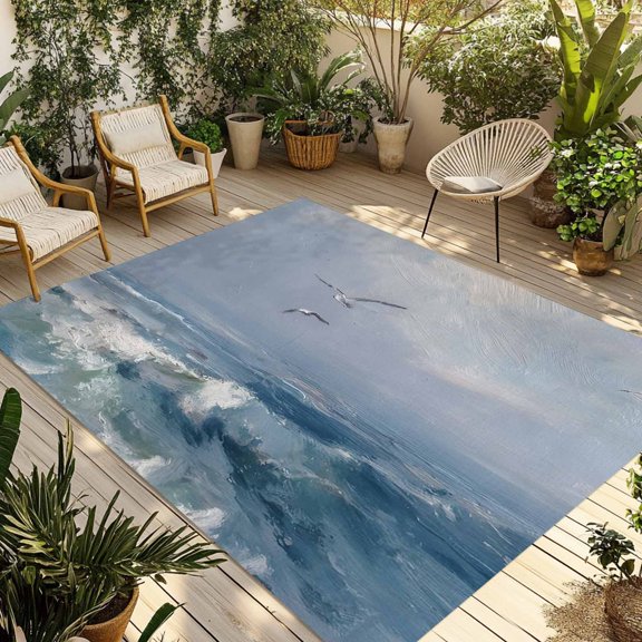 Outdoor Area Rug for Patio, Coastal Seagulls Blue Crashing Waves Camping Rugs Indoor Large Floor Mat 4x6ft, Rustic Seafoam Outside Carpet for Deck RV Picnic Porch Backyard Bedroom Living Room