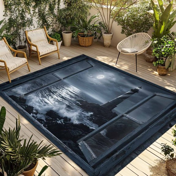 Outdoor Area Rug for Patio, Coastal Seascape Crashing Waves Lighthouse Camping Rugs Indoor Large Floor Mat 4x6ft, Window Frame Outside Carpet for Deck RV Picnic Porch Backyard Bedroom Living Room