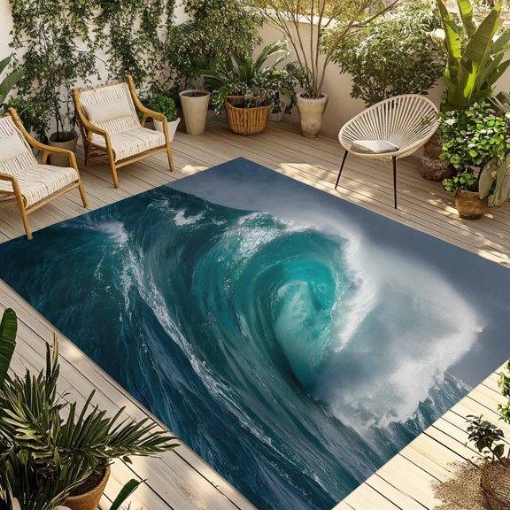 Outdoor Area Rug for Patio, Coastal Teal Crashing Ocean Wave Camping Rugs Indoor Large Floor Mat 3x5ft, Abstract Ocean Outside Carpet for Deck RV Picnic Porch Backyard Bedroom Living Room