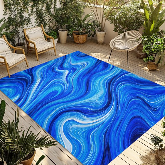 Outdoor Area Rug for Patio, Cobalt Blue Swirling Waves Camping Rugs Indoor Large Floor Mat 3x5ft, Marble Veins Pattern Outside Carpet for Deck RV Picnic Porch Backyard Bedroom Living Room