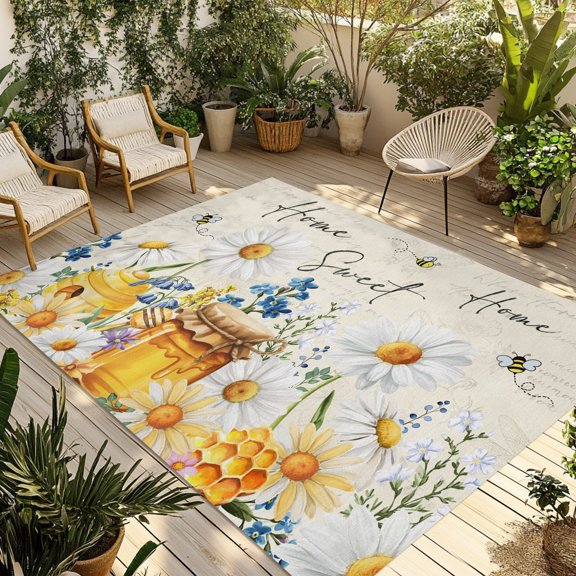 Outdoor Area Rug for Patio, Country Daisy Wildflower Bees Camping Rugs Indoor Large Floor Mat 4x6ft, Sweet Home Quote Outside Carpet for Deck RV Picnic Porch Backyard Bedroom Living Room