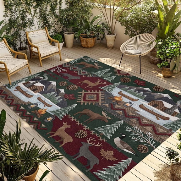 Outdoor Area Rug for Patio, Country Deer Pine Tree Campfire Camping Rugs Indoor Large Floor Mat 4x6ft, Abstract Farm Scenery Outside Carpet for Deck RV Picnic Porch Backyard Bedroom Living Room