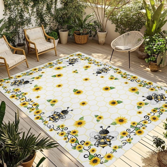 Outdoor Area Rug for Patio, Country Sunflower Leaf Bee Camping Rugs Indoor Large Floor Mat 3x5ft, Farmhouse Yellow Flower Bees Outside Carpet for Deck RV Picnic Porch Backyard Bedroom Living Room