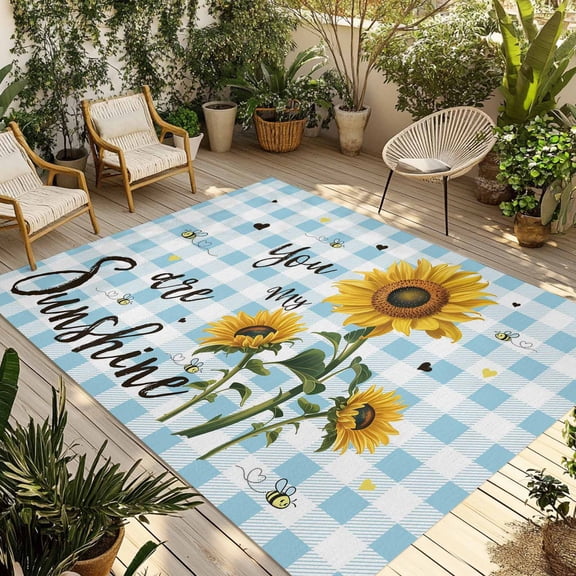 Outdoor Area Rug for Patio, Country Sunflower Sunshine Quote Camping Rugs Indoor Large Floor Mat 4x6ft, Farm Bee Blue Plaid Outside Carpet for Deck RV Picnic Porch Backyard Bedroom Living Room