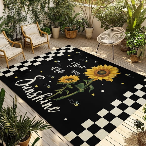 Outdoor Area Rug for Patio, Country Sunflower Sunshine Quote Camping Rugs Indoor Large Floor Mat 4x6ft, Retro Black Plaid Outside Carpet for Deck RV Picnic Porch Backyard Bedroom Living Room