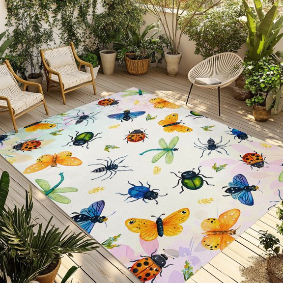 Outdoor Area Rug for Patio, Dragonflies Spiders Butterfly Camping Rugs Indoor Large Floor Mat 4x6ft, Seamless Insects Theme Outside Carpet for Deck RV Picnic Porch Backyard Bedroom Living Room