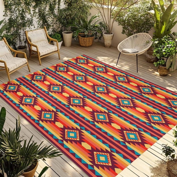 Outdoor Area Rug for Patio, Ethnic Tribal Texture Orange Teal Camping Rugs Indoor Large Floor Mat 4x6ft, Native Geometric Art Outside Carpet for Deck RV Picnic Porch Backyard Bedroom Living Room